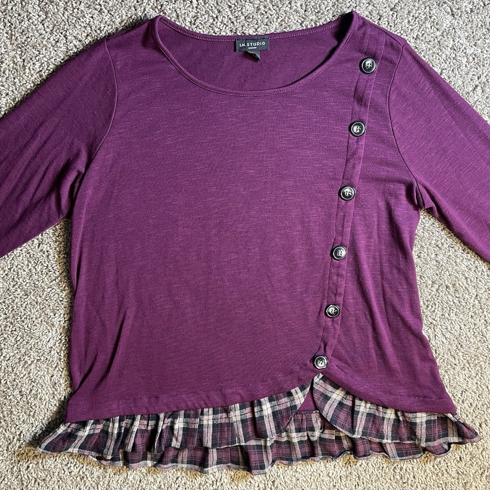 IN Studio Plaid Ruffle Top womens 1X blouse dark academia school girl plus siren - Picture 3 of 9